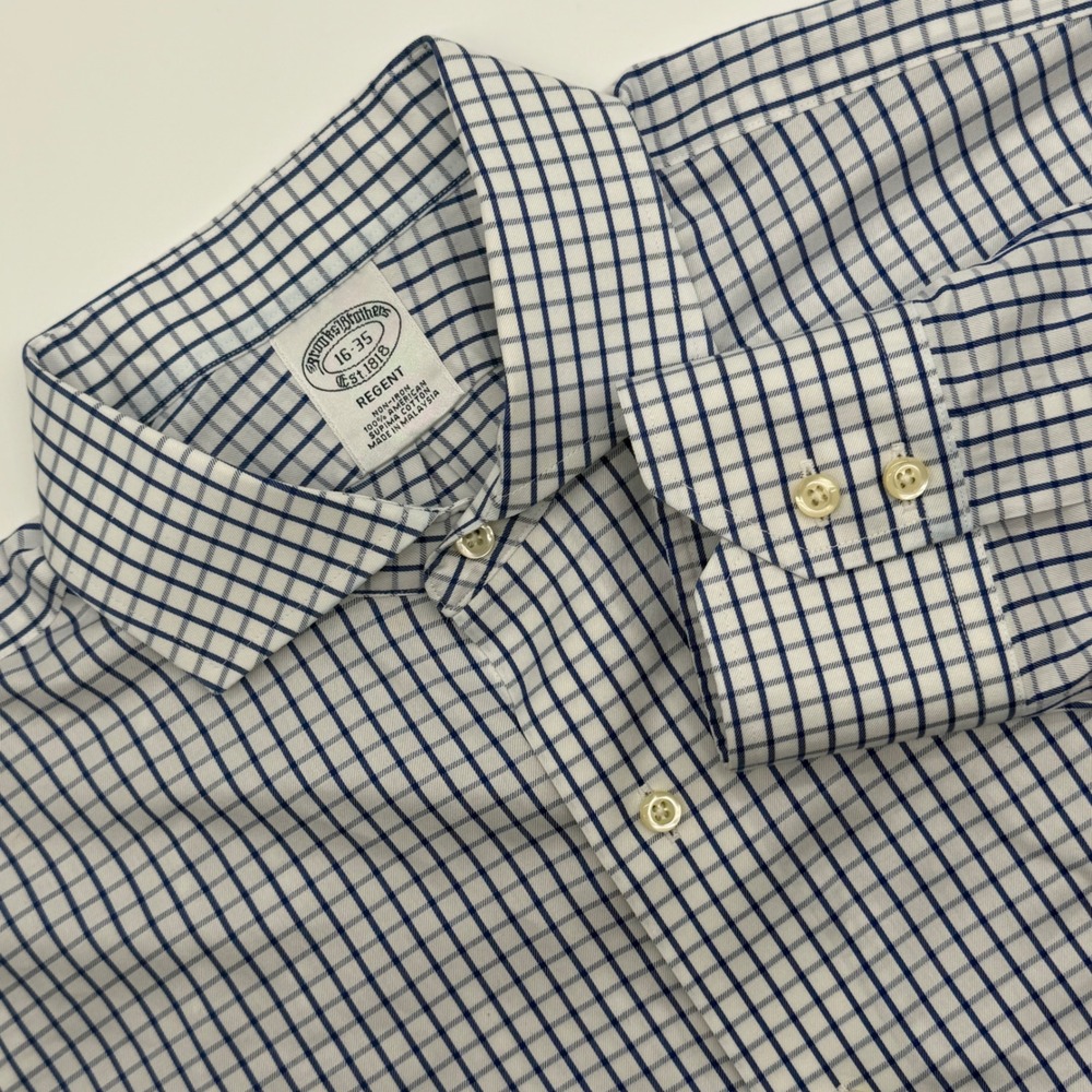 Brooks Brothers Regent Dress Shirt 16 35 Non-Iron Supima Cotton Navy White Check